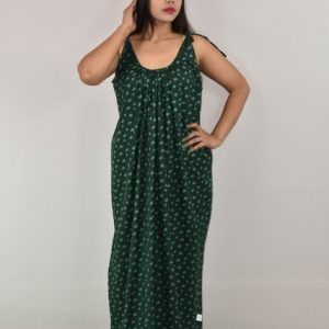 Dark Green Ribbon Cotton Maxi Nighty