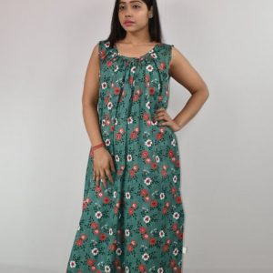 Light Green with Flower Cotton Maxi Nighty