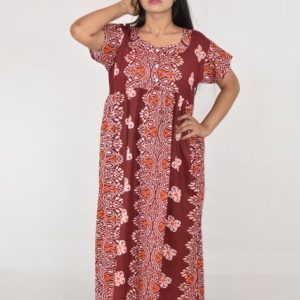 Cotton Maroon Maxi Nighty with Button