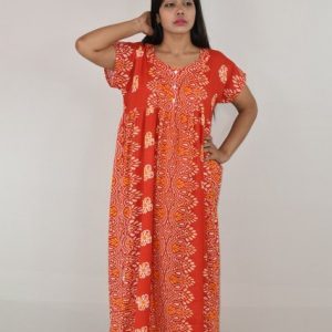 Cotton Red Maxi Nighty with Button