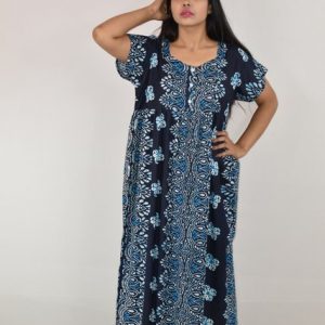 Cotton Blue Maxi Nighty with button