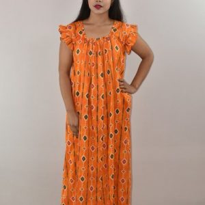Yellow Cotton Maxi Nighty Square Neck Short Sleeves with pleats
