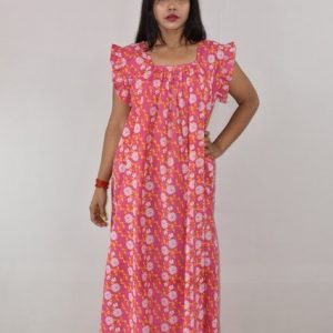 Pink Cotton Maxi Nighty Square Neck Short Sleeves with pleats
