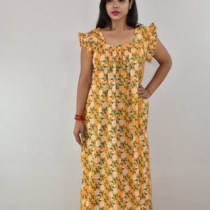Yellow Cotton Maxi Nighty Square Neck Short Sleeves with pleats