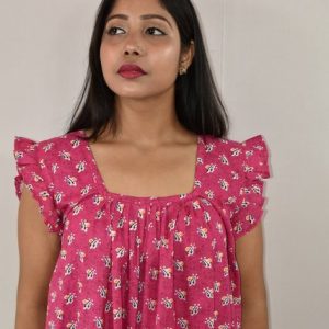 Pink Cotton Maxi Nighty Square Neck Short Sleeves with pleats