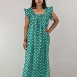 Green Cotton Maxi Nighty Square Neck Short Sleeves with pleats
