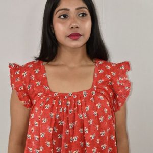 Red Cotton Maxi Nighty Square Neck Short Sleeves with pleats