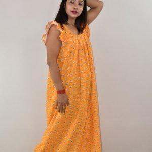 Yellow Cotton Maxi Nighty Square Neck Short Sleeves with pleats