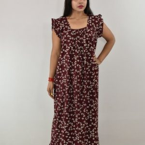 Maroon Cotton Maxi Nighty Square Neck Short Sleeves with pleats