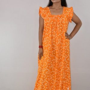 Yellow Cotton Maxi Nighty Square Neck Short Sleeves with pleats