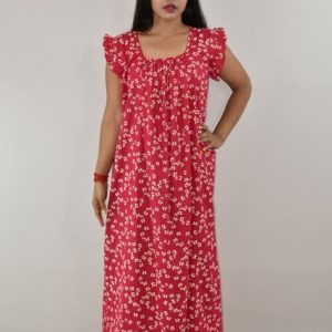 Pink Cotton Maxi Nighty Square Neck Short Sleeves with pleats