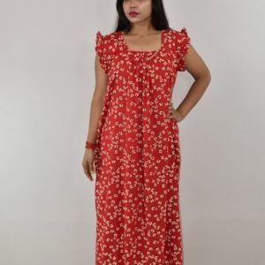Red Cotton Maxi Nighty Square Neck Short Sleeves with pleats