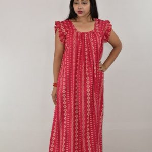 Pink Cotton Maxi Nighty Square Neck Short Sleeves with pleats