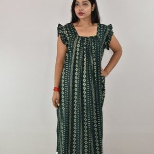 Green Cotton Maxi Nighty Square Neck Short Sleeves with pleats