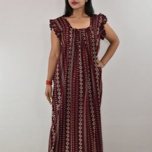 Maroon Cotton Maxi Nighty Square Neck Short Sleeves with pleats