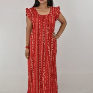Red Cotton Maxi Nighty Square Neck Short Sleeves with pleats