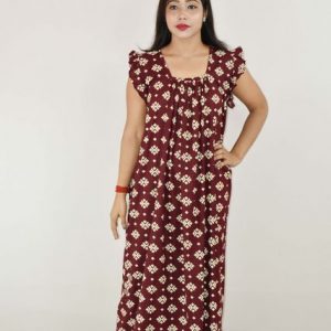 Maroon Cotton Maxi Nighty Square Neck Short Sleeves with pleats