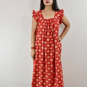 Red Cotton Maxi Nighty Square Neck Short Sleeves with pleats