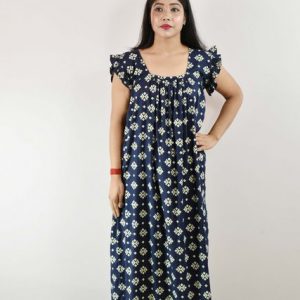 Blue Cotton Maxi Nighty Square Neck Short Sleeves with pleats
