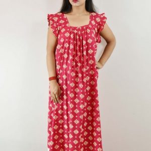 Pink Cotton Maxi Nighty Square Neck Short Sleeves with pleats