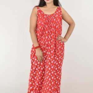 Red Cotton Maxi Nighty With Ribbon