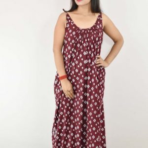 Maroon Cotton Maxi Nighty With Ribbon