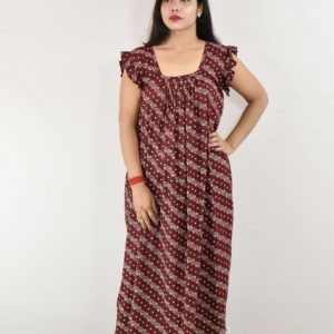 Maroon Cotton Maxi Nighty Square Neck Short Sleeves with pleats