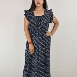Blue Cotton Maxi Nighty Square Neck Short Sleeves with pleats