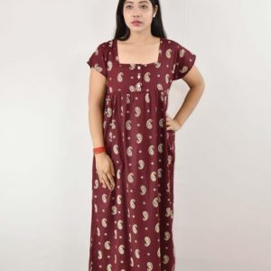 maroon Maxi Nighty Square Neck with Button