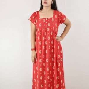 Red Maxi Nighty Square Neck with Button