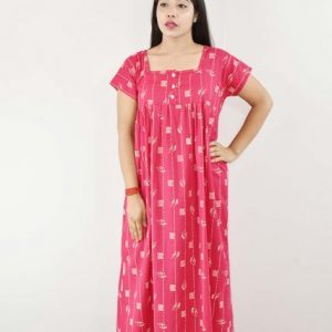 Pink Maxi Nighty Square Neck with Button
