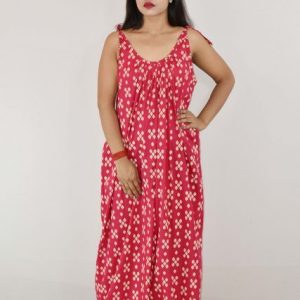 Pink Cotton Maxi Nighty With Ribbon