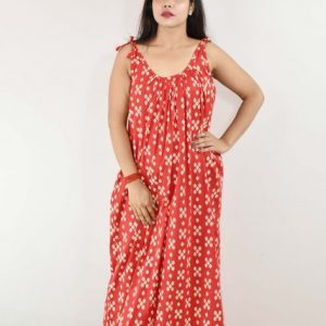 Red Cotton Maxi Nighty With Ribbon