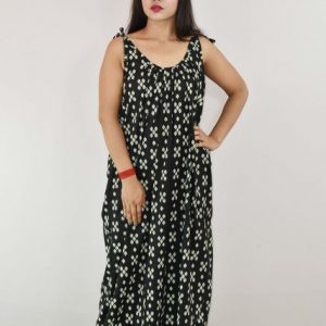 Black Cotton Maxi Nighty With Ribbon