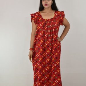 Red Gujri Maxi Nighty Square Neck Short Sleeves with pleats