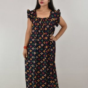 Blue Gujri maxi Nighty Square Neck Short Sleeves with pleats