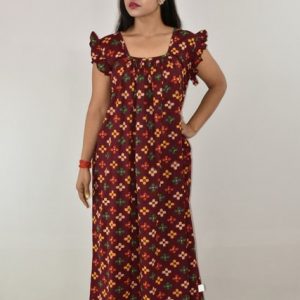 Maroon Gujri Maxi Nighty Square Neck Short Sleeves with pleats