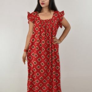 Red Gujri Maxi Nighty Square Neck Short Sleeves with pleats