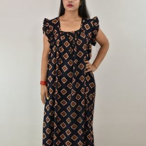 Blue Gujri Maxi Nighty Square Neck Short Sleeves with pleats