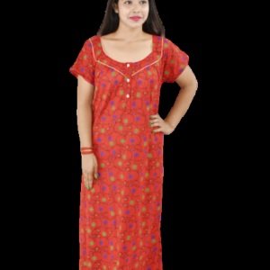Square Neck Red Gujri Maxi Nighty Pipien With Button