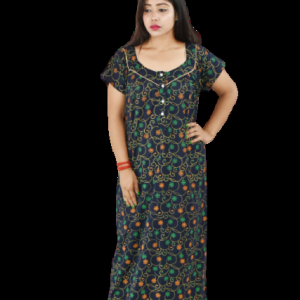 Square Neck Blue Gujri Maxi Nighty Pipien With Button