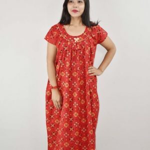 Red Gujri Maxi Nighty Round Neck Short Sleeve With pipien