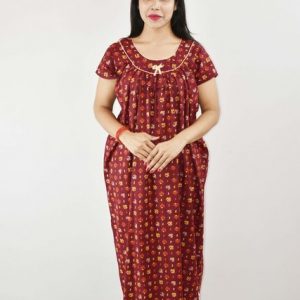 Maroon Gujri Maxi Nighty Round Neck Short Sleeve With pipien