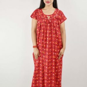 Red Gujri Maxi Nighty Round Neck Short Sleeve With pipien