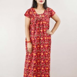 Red Gujri Maxi Nighty Round Neck Short Sleeve With pipien