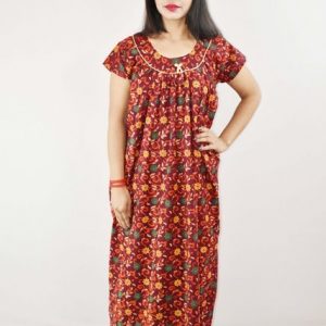 Maroon Gujri Maxi Nighty Round Neck Short Sleeve With pipien