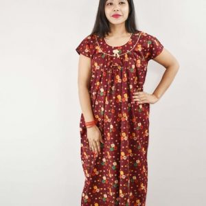 Maroon Gujri Maxi Nighty Round Neck Short Sleeve With pipien