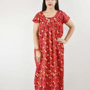 Red Gujri Maxi Nighty Round Neck Short Sleeve With pipien