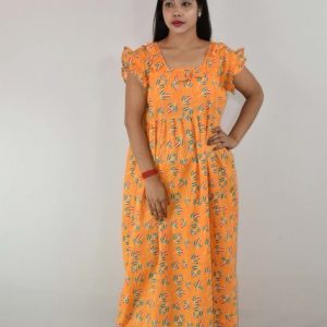 Yellow Cotton Maxi Nighty Square Neck Short Sleeves with pleats