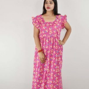 Pink Cotton Maxi Nighty Square Neck Short Sleeves with pleats